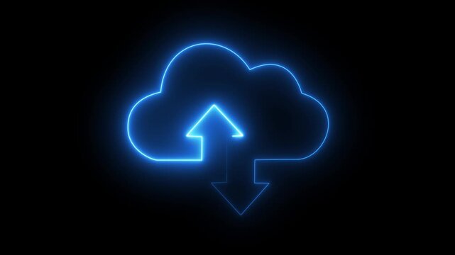 Cloud computing glowing neon Downloading .Neon cloud icon animation. Glowing neon cloud storage with arrows, Cloud computing glowing neon Downloading icon animation.Cloud computing .4k video animation