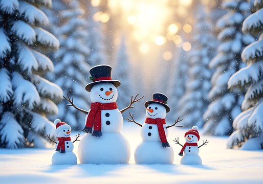 Corri seizinger a happy snowman family with a father, mother, and two children stand in a snowy forest during winter