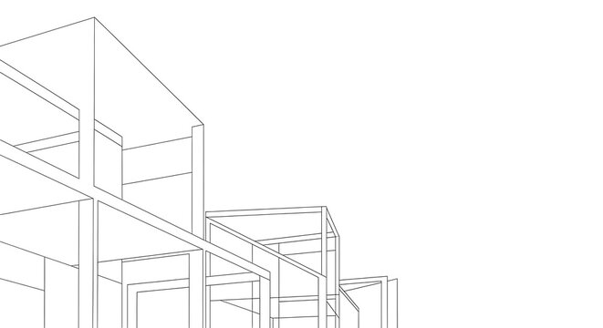 Conceptual architectural wireframe drawing of a modern building frame.