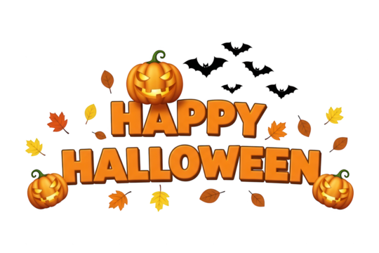 Festive Halloween sign with carved pumpkins and autumn leaves.