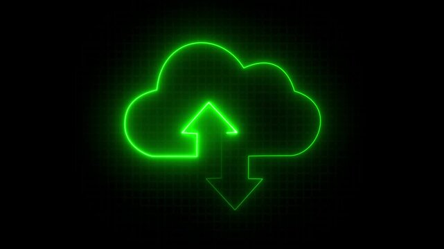 Cloud computing glowing neon Downloading .Neon cloud icon animation. Glowing neon cloud storage with arrows, Cloud computing glowing neon Downloading icon animation.Cloud computing .4k video animation