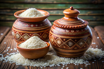 Beautifully crafted ceramic containers brimming with fluffy white rice, a culinary delight for cooking and serving