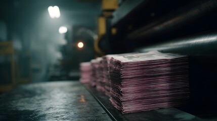 Stacks of freshly printed currency being processed on heavy hinery in a dark industrial printing facility