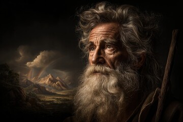 Emotional portrait of an elderly bearded man (Noah) with a staff looking up at a double rainbow over a valley, symbolizing faith, hope, and wisdom
