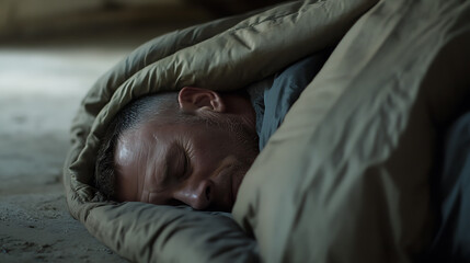 A man deeply asleep in a sleeping bag, seeking warmth and rest. The scene suggests a moment of solace amidst challenging circumstances. Peaceful slumber embraced.