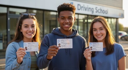 Young Adults Proudly Display Driving Licenses Outside Driving School