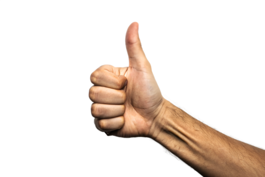 Closeup of a mans hand giving a thumbs up gesture, isolated on transparent background