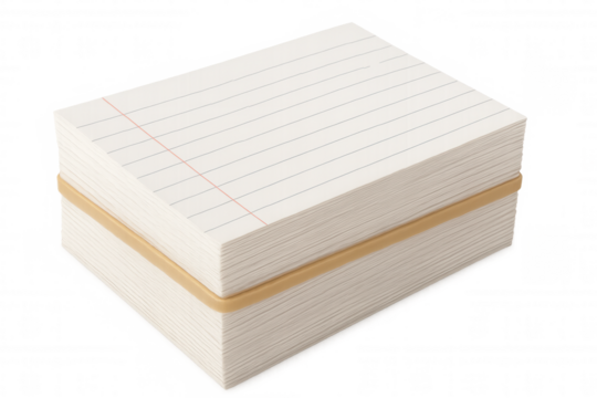 Stack of white ruled index cards with red margin line holding together with a rubber band, transparent background