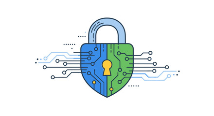 A digital lock with circuit board patterns represents cybersecurity and data protection © Joko santoso