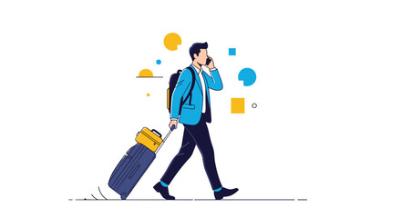 A businessman traveling with luggage and talking on the phone.