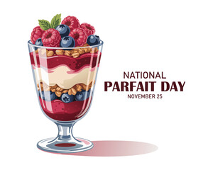 National Parfait Day layered berry parfait in a clear glass, with Greek yogurt, fresh blueberries, raspberries, and granola, against a pastel blue background November 25