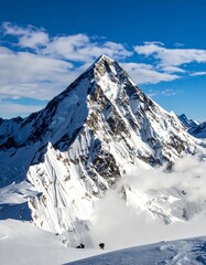Snowy mountain peak under a bright, partly cloudy blue sky