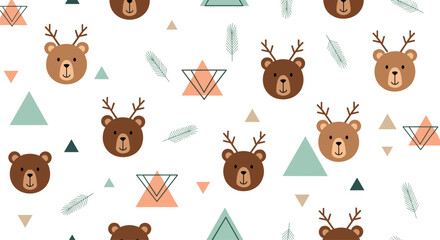 Cute woodland bear and deer pattern with geometric elements.