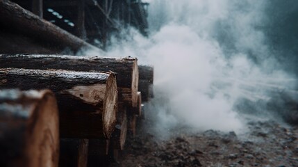 Atmospheric steam rises from stacked logs at an industrial timber processing site
