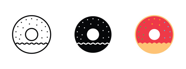 Donut icon in outline, solid, and color style on a white background. Perfect for bakery, dessert, sweet treats, food menu, café, and snack designs.