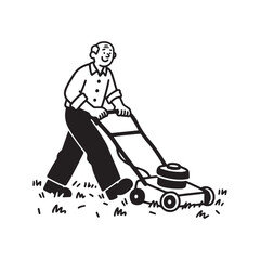 Cheerful Grandfather Mowing Lawn with Push Mower Black and White Line Art Design.