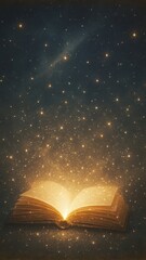 Magical book under starry sky.
