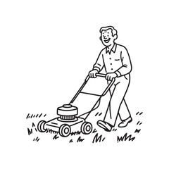 Cheerful Grandfather Mowing Lawn with Push Mower Black and White Line Art Design.