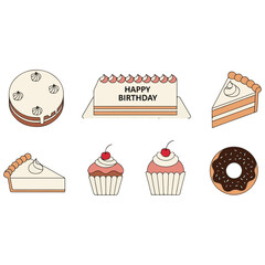 A Set of  Minimalist Dessert Icons: Including Whole Cakes, Slices of Pie and Cake, Birthday Cake with 'Happy Birthday' Text, Cherry Cupcakes, and a Chocolate Donut on a White Background