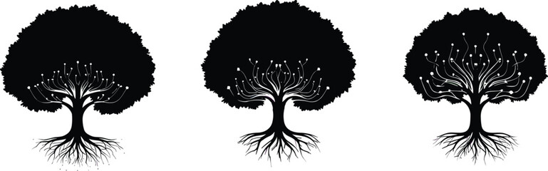 Abstract technology tree illustration, digital network branches, circuit node design, eco tech artwork, innovation growth, modern sustainability, futuristic organic concept