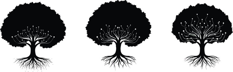 Obraz premium Abstract technology tree illustration, network canopy design, digital node branches, eco tech artwork, innovation growth, modern sustainability, futuristic organic concept