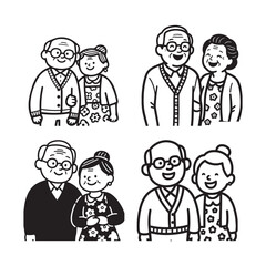  Cheerful Grandparents Standing Together Simple Bold Line Art Coloring Page Design.