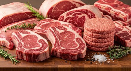 Assortment of Premium Raw Meat Cuts and Burgers
