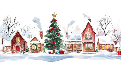 Winter village scene watercolor painting with snow-covered houses, decorated Christmas tree, holiday gifts, and festive cozy atmosphere in minimalist style