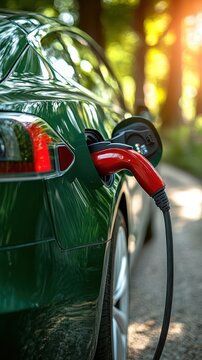 A green car is being charged at a charging station. The car is plugged into the station and the charging cord is attached to the car