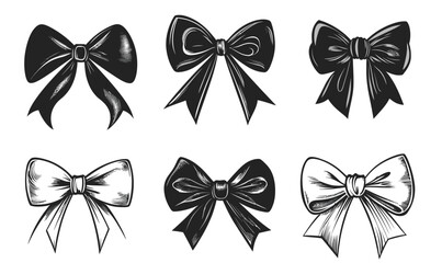 Set of six black and white vintage hand-drawn bows and ribbons with various shapes and styles isolated on white background flat vector illustration