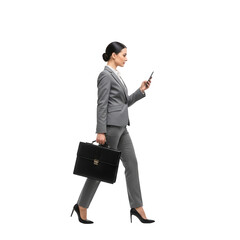 Illustration of businesswoman walking with briefcase and phone isolated on transparent background