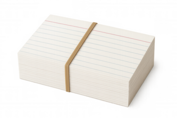 Stacked index cards with lines and red header, held by a rubber band, representing studying and learning