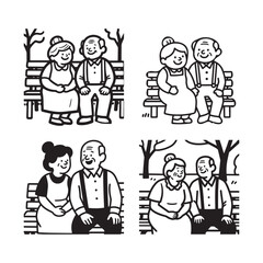 Loving Grandparents Sitting Together on Park Bench Simple Line Art Design. 