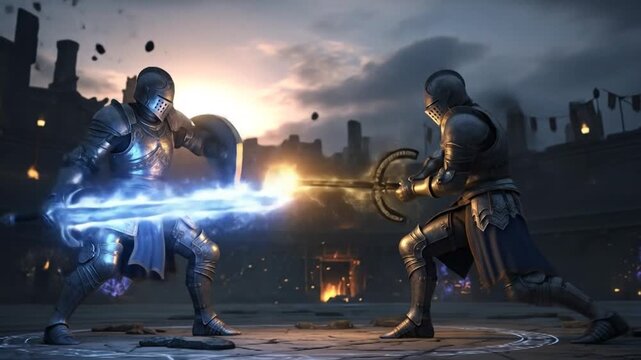 Epic fantasy duel with magical sword and flaming torch