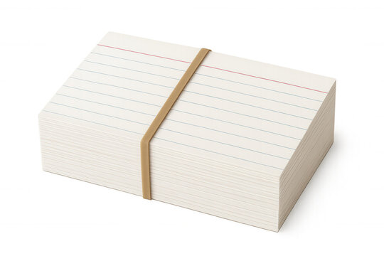 Stacked index cards with lines and red header, held by a rubber band, representing studying and learning
