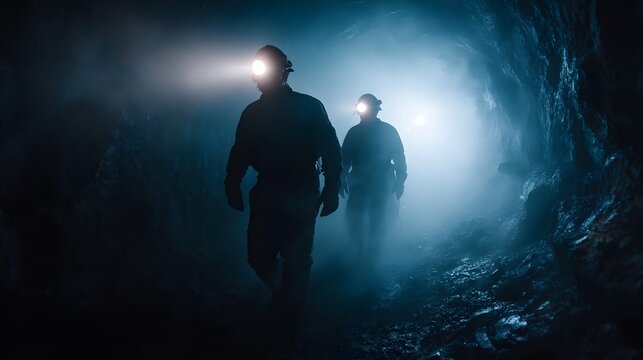 Two miners with headlamps descend into a dark misty underground tunnel