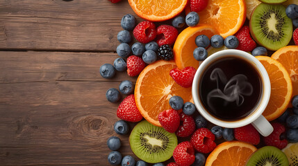Morning Ritual: A steaming cup of coffee surrounded by an array of fresh fruit on a rustic wooden table, embodying the perfect start to a vibrant day.