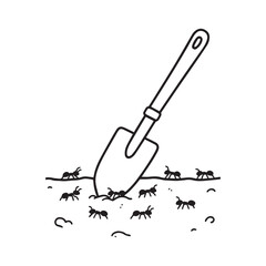  Minimalist Garden Trowel with Crawling Ants Black and White Line Art Design.