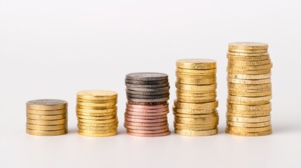 A collection of stacked coins in varying heights, showcasing different types of currency arranged in ascending order.