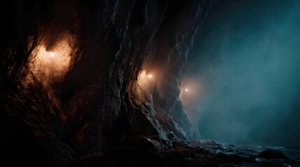Mysterious cave interior lit by glowing lamps with misty atmosphere and rough rock formations evoking adventure and explo n