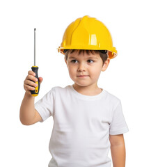 Illustration of young boy wearing a yellow hard hat holding a screwdriver isolated on transparent background