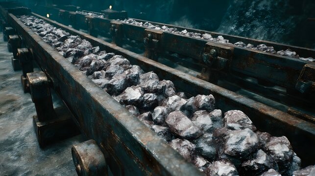 A deep underground mine scene featuring multiple industrial conveyor belts laden with rough hewn rocks and ore emphasizing heavy industry and