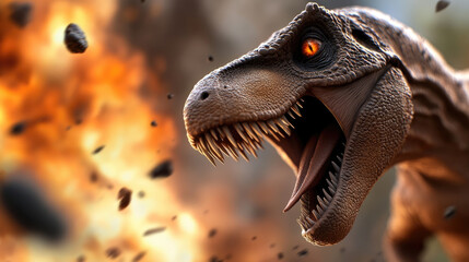 Obraz premium Epic scene of different dinosaur species fleeing from a volcanic eruption