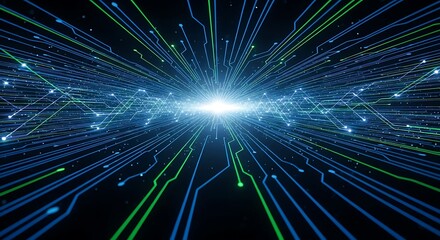 Digital network data flow visualization, abstract technology background.