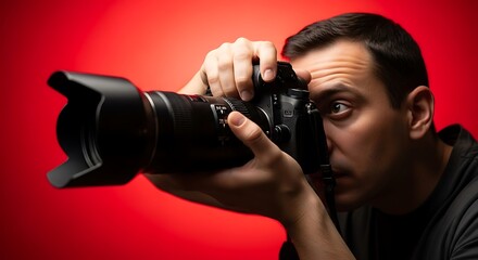 Focused photographer with a professional dslr camera, capturing the perfect shot against a vibrant red background in a studio setting, showcasing skill and passion for photography