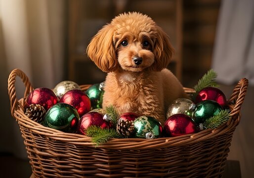 Adorable poodle puppy in a basket surrounded by christmas ornaments and pine cones for a holiday portrait