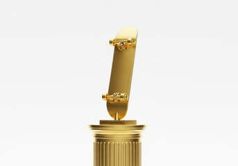 Golden skateboard on pedestal