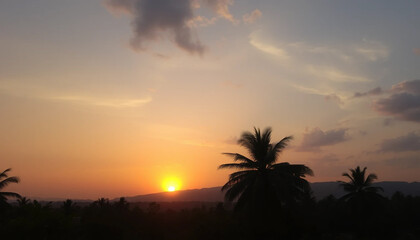 Tranquil sunset glow shining across jungle trees