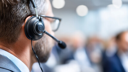 Faceless young professional adjusting headset mic before presentation, modern interior softly blurred, with copy space.