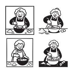 Set of Happy Grandmother Baking Delicious Cake Line Art Design.